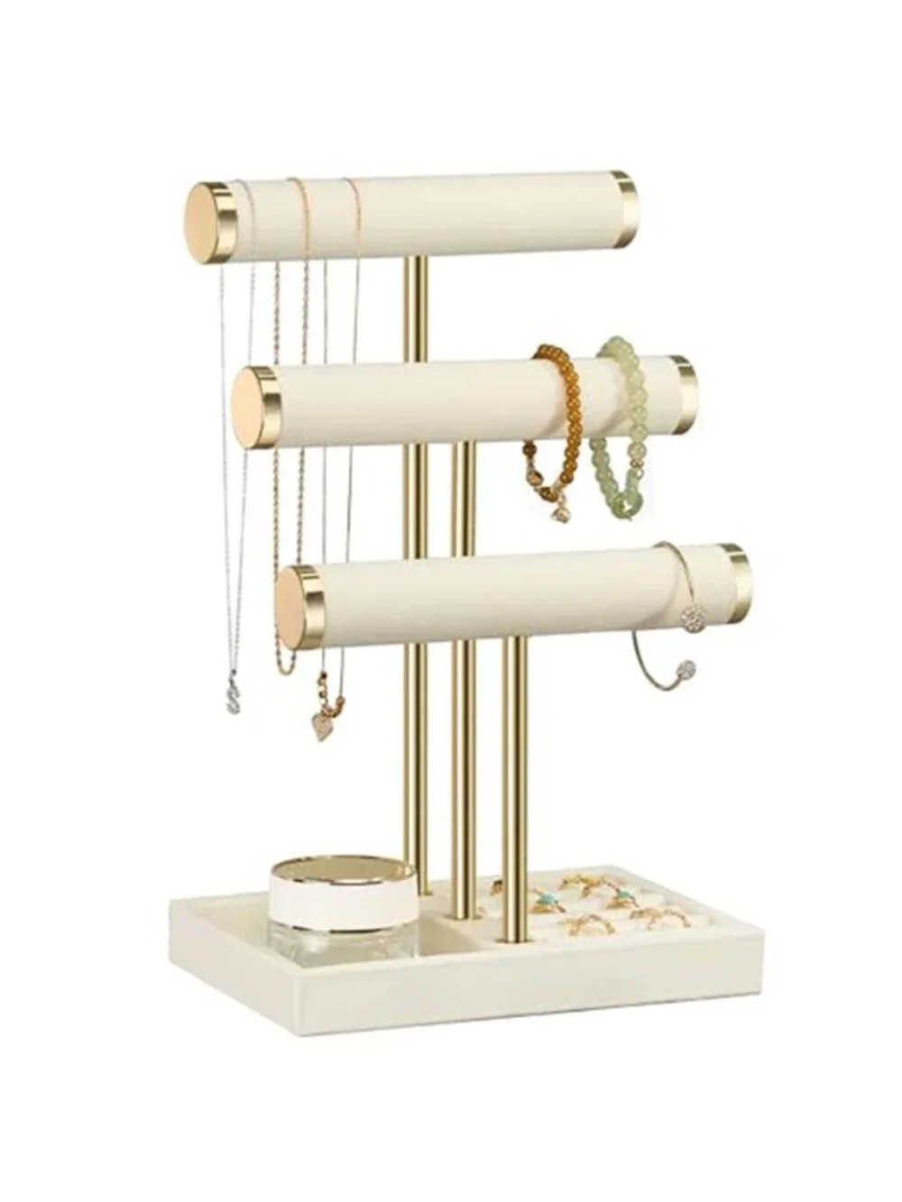 Jewelry Organizer Stand Display, 3 Tier Velvet Bracelet Holder, Beige | Jewelry